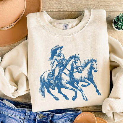 Cowgirl Wild Horses Western PNG, Retro Wild Horses Sublimation - 300 DPI