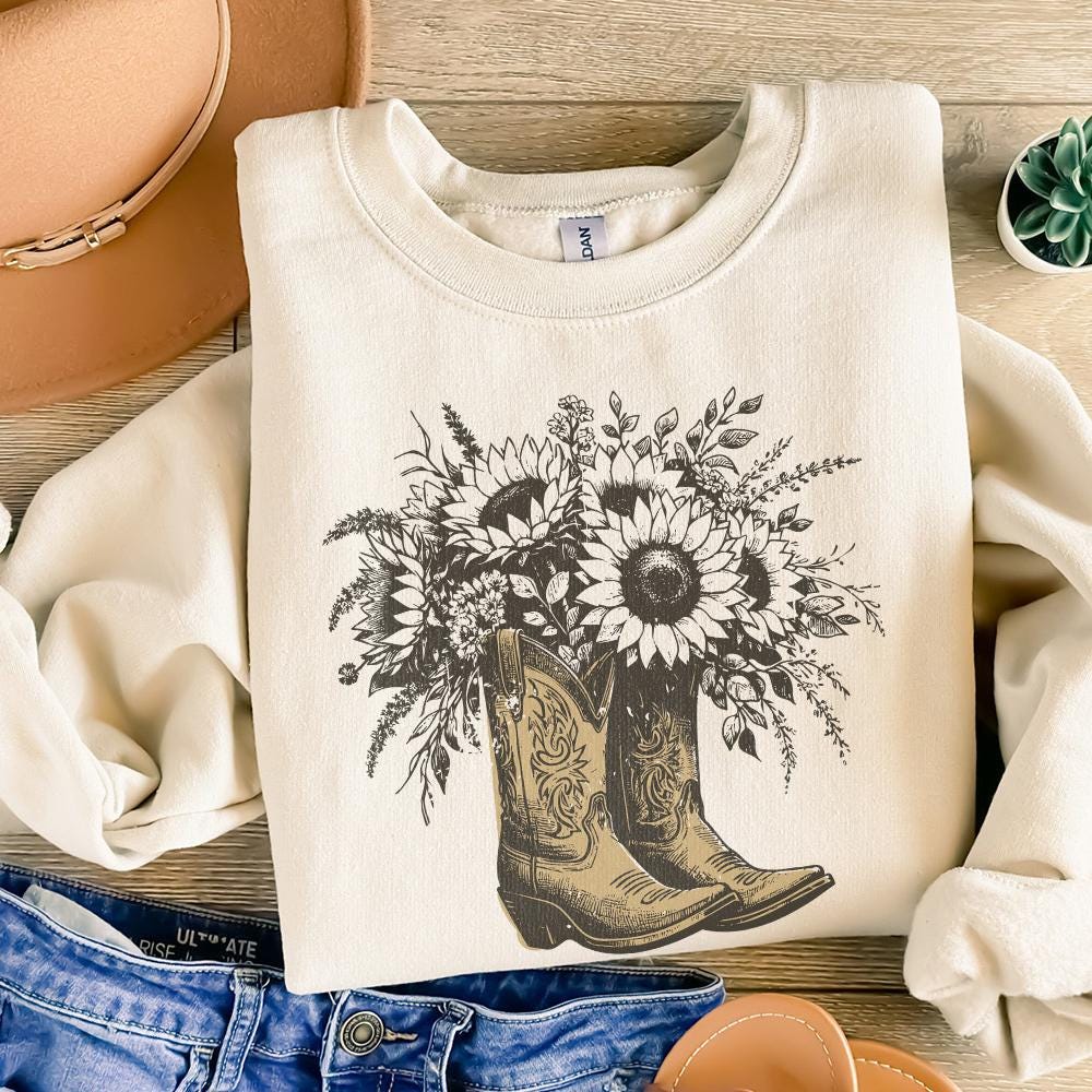Sunflower Cowgirl Boots png PNG, Retro Cowgirl Boot Clipart - 300 DPI