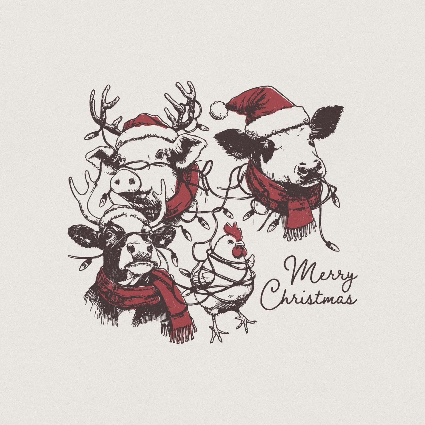 Cute Christmas Farm Animals PNG, Retro Farm Xmas Clipart - 300 DPI Design