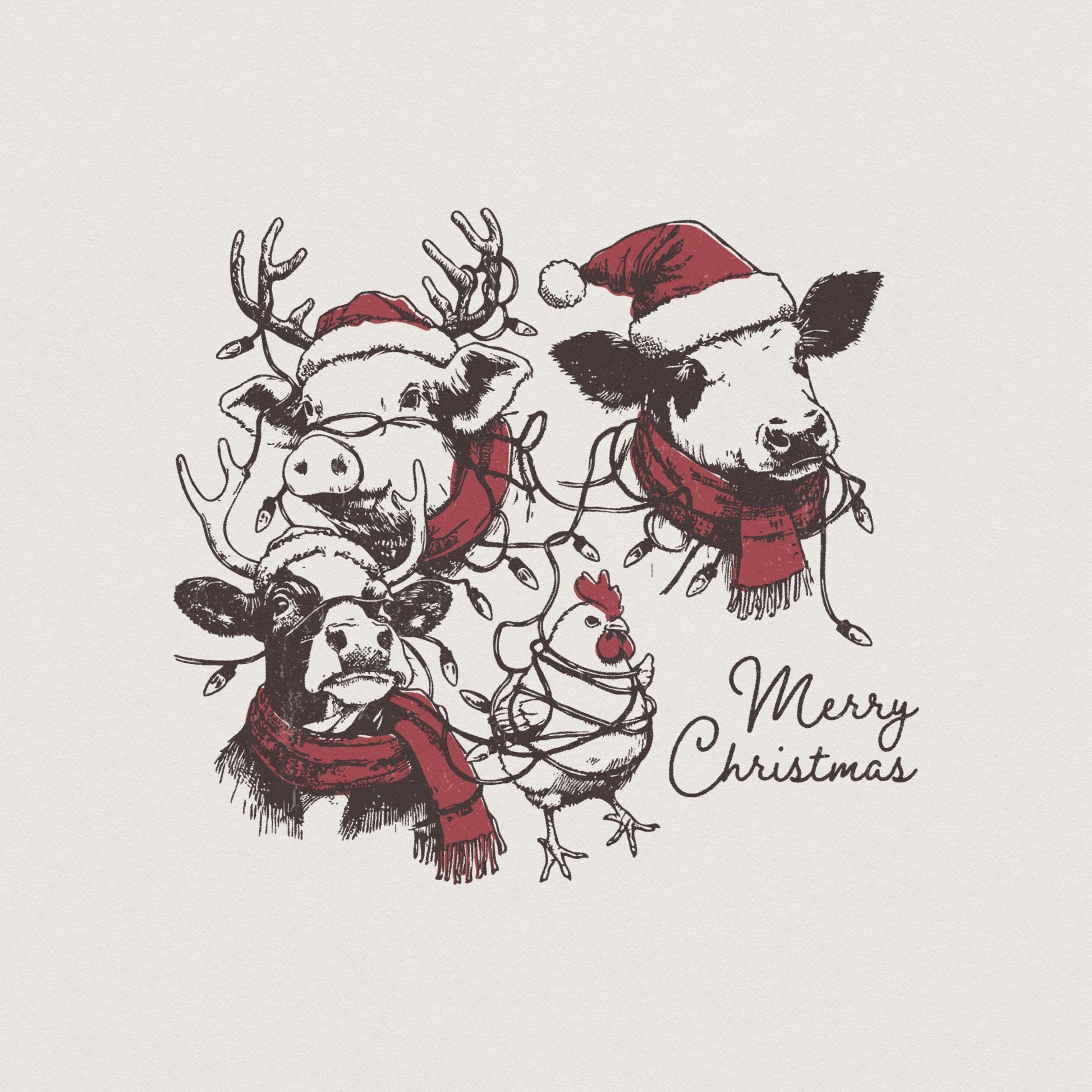 Cute Christmas Farm Animals PNG, Retro Farm Xmas Clipart - 300 DPI Design