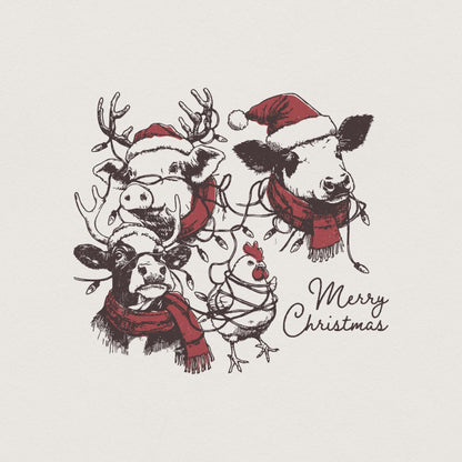 Cute Christmas Farm Animals PNG, Retro Farm Xmas Clipart - 300 DPI Design