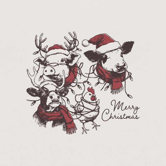 Cute Christmas Farm Animals PNG, Retro Farm Xmas Clipart - 300 DPI Design