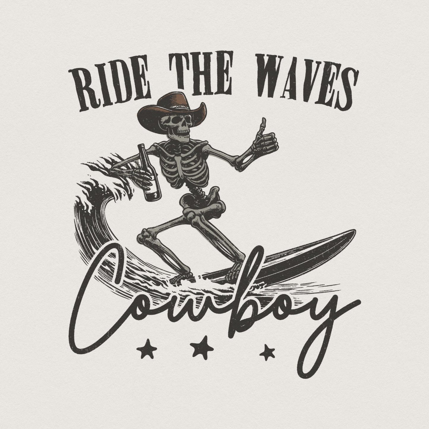 Surfing Cowboy Skeleton png, Trendy Western PNG Designs - 300 DPI Design