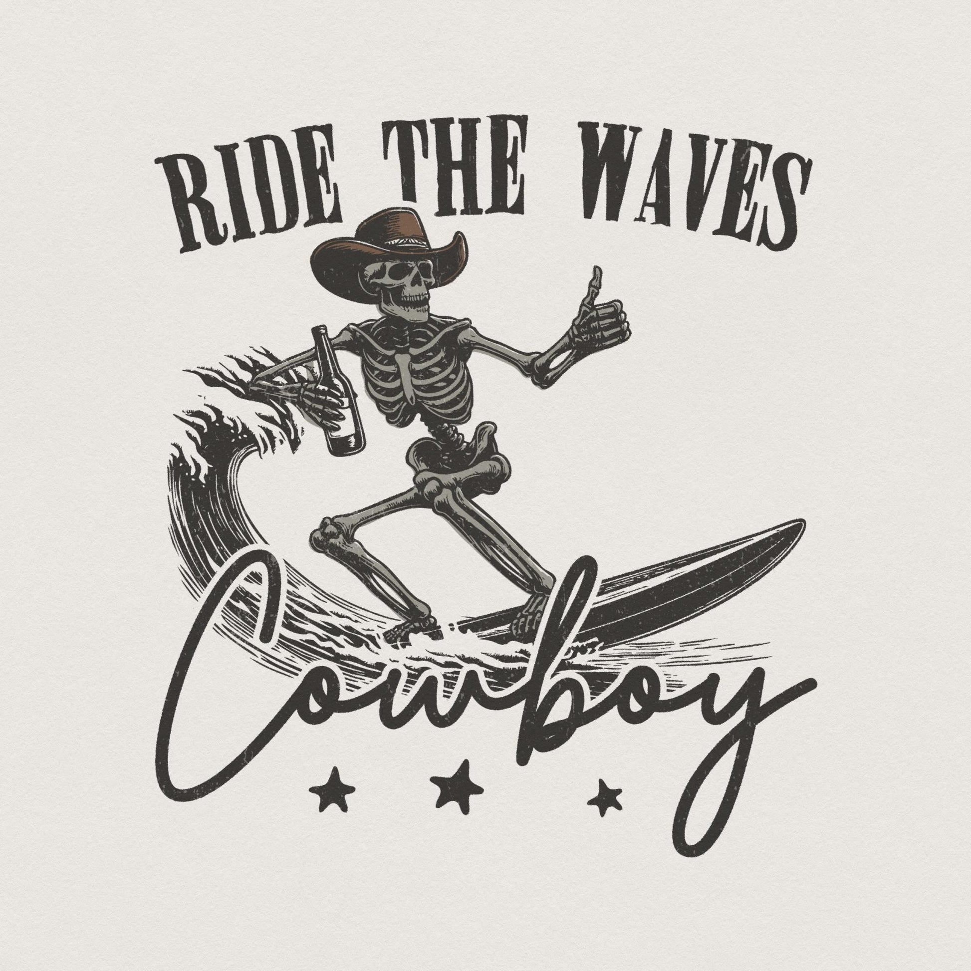Surfing Cowboy Skeleton png, Trendy Western PNG Designs - 300 DPI Design