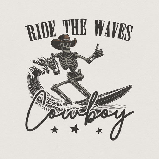 Surfing Cowboy Skeleton png, Trendy Western PNG Designs - 300 DPI Design