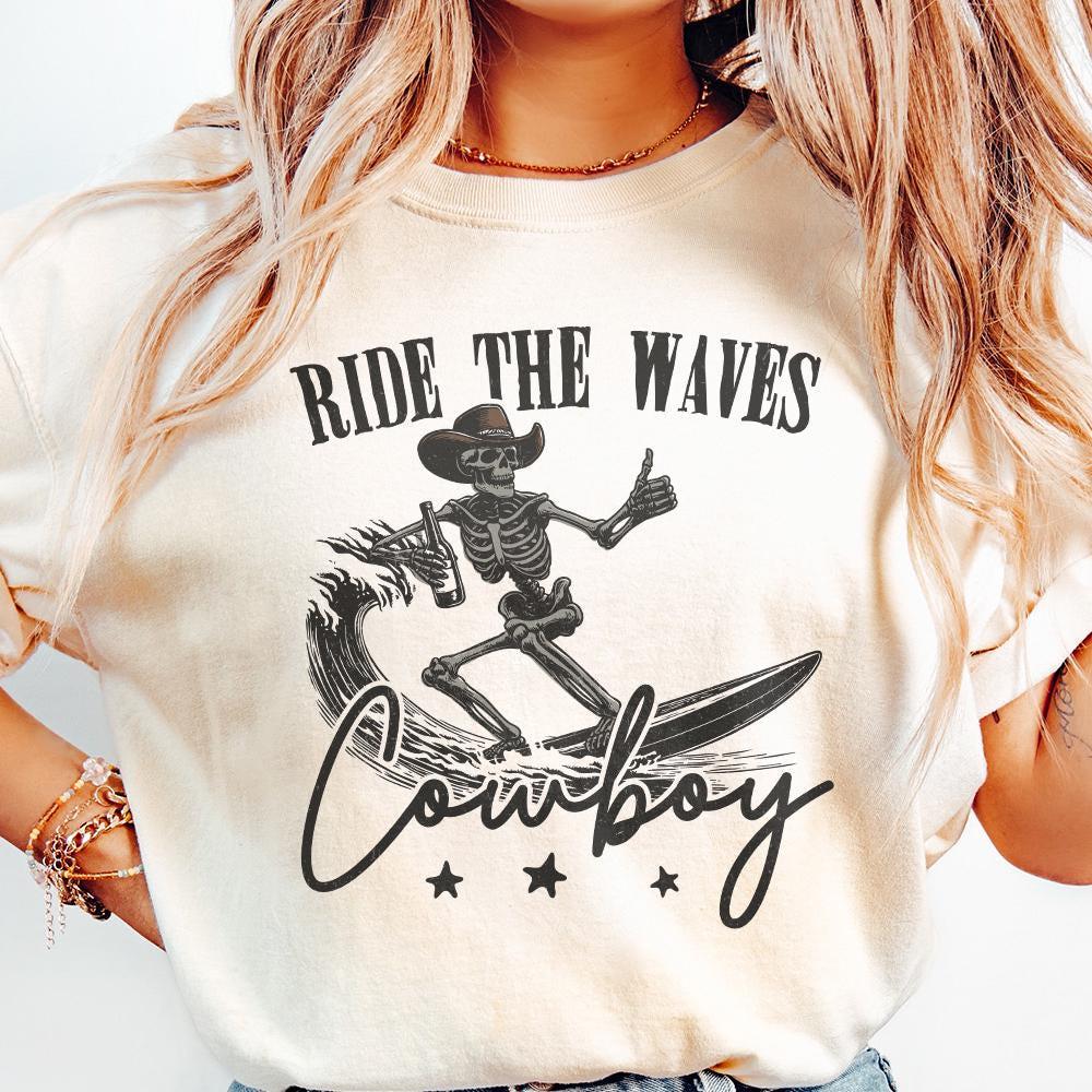 Surfing Cowboy Skeleton png, Trendy Western PNG Designs - 300 DPI Design