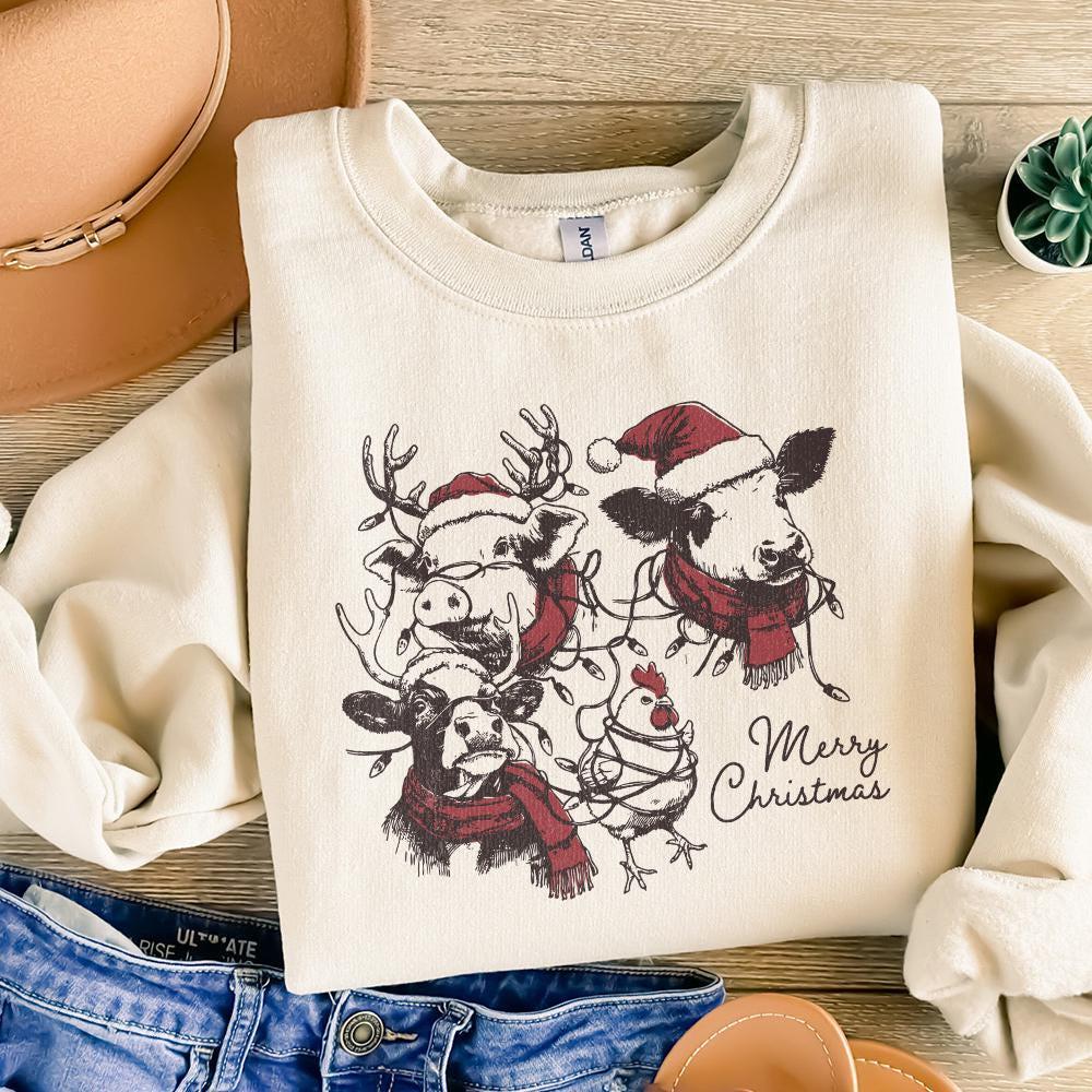 Cute Christmas Farm Animals PNG, Retro Farm Xmas Clipart - 300 DPI Design