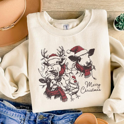 Cute Christmas Farm Animals PNG, Retro Farm Xmas Clipart - 300 DPI Design