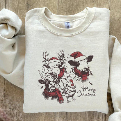 Cute Christmas Farm Animals PNG, Retro Farm Xmas Clipart - 300 DPI Design