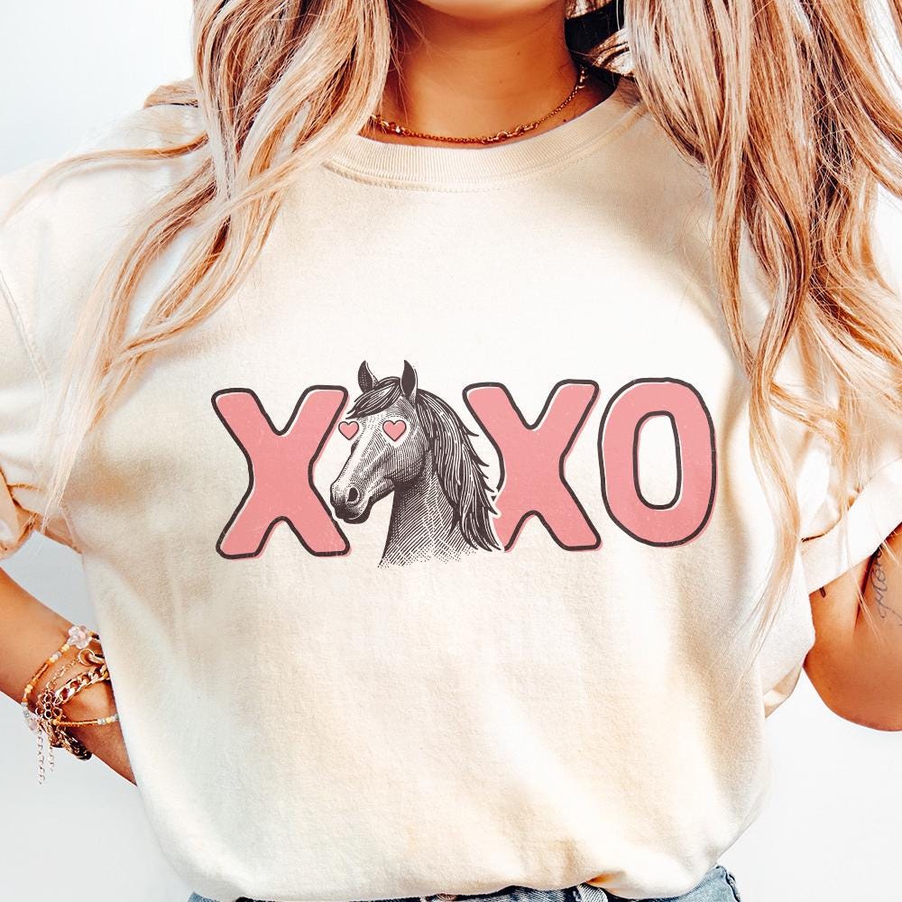 Sublimation design featuring a cute horse with heart-shaped glasses and pink XOXO lettering on a neutral background.