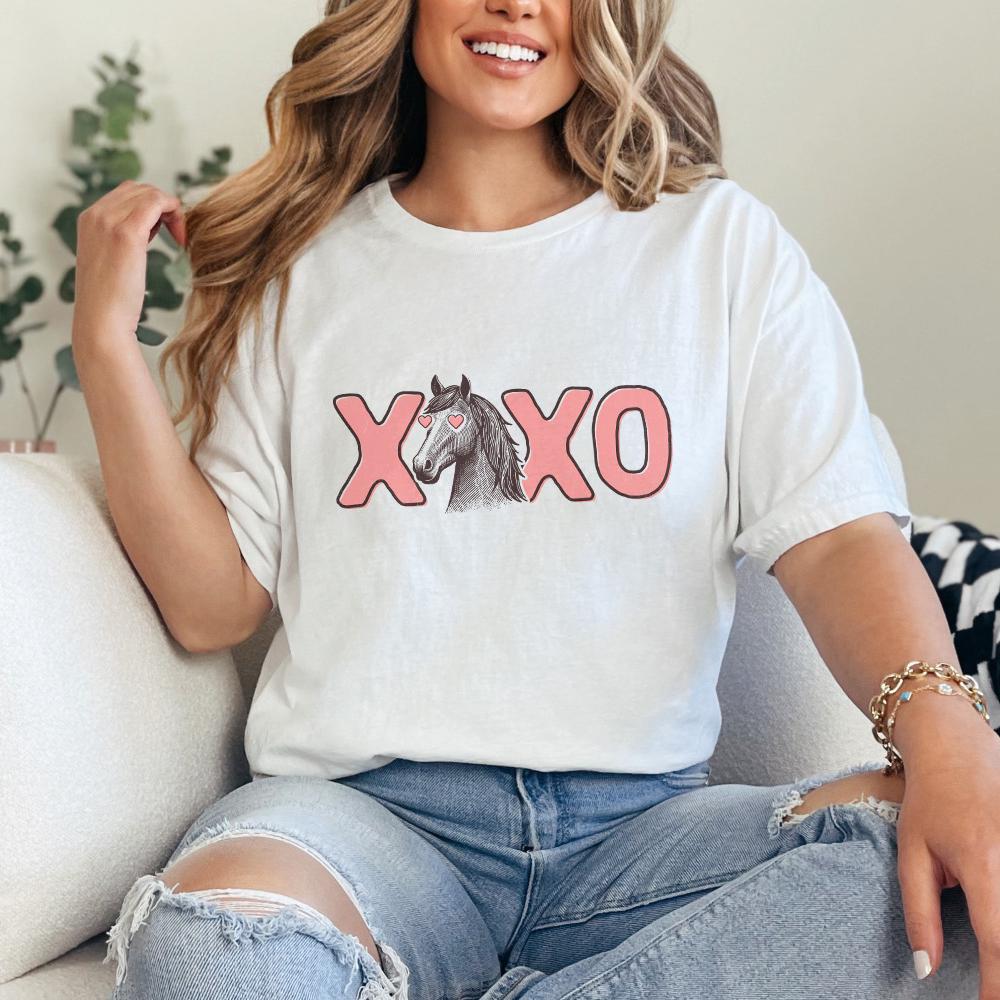 Cute horse with heart-shaped eyes and pink XOXO text, a versatile digital download for sublimation and apparel.
