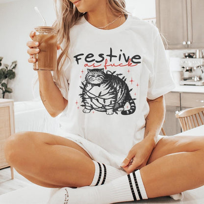 Festive as Fuck Christmas Cat PNG, Vintage Christmas Cat with Lights -