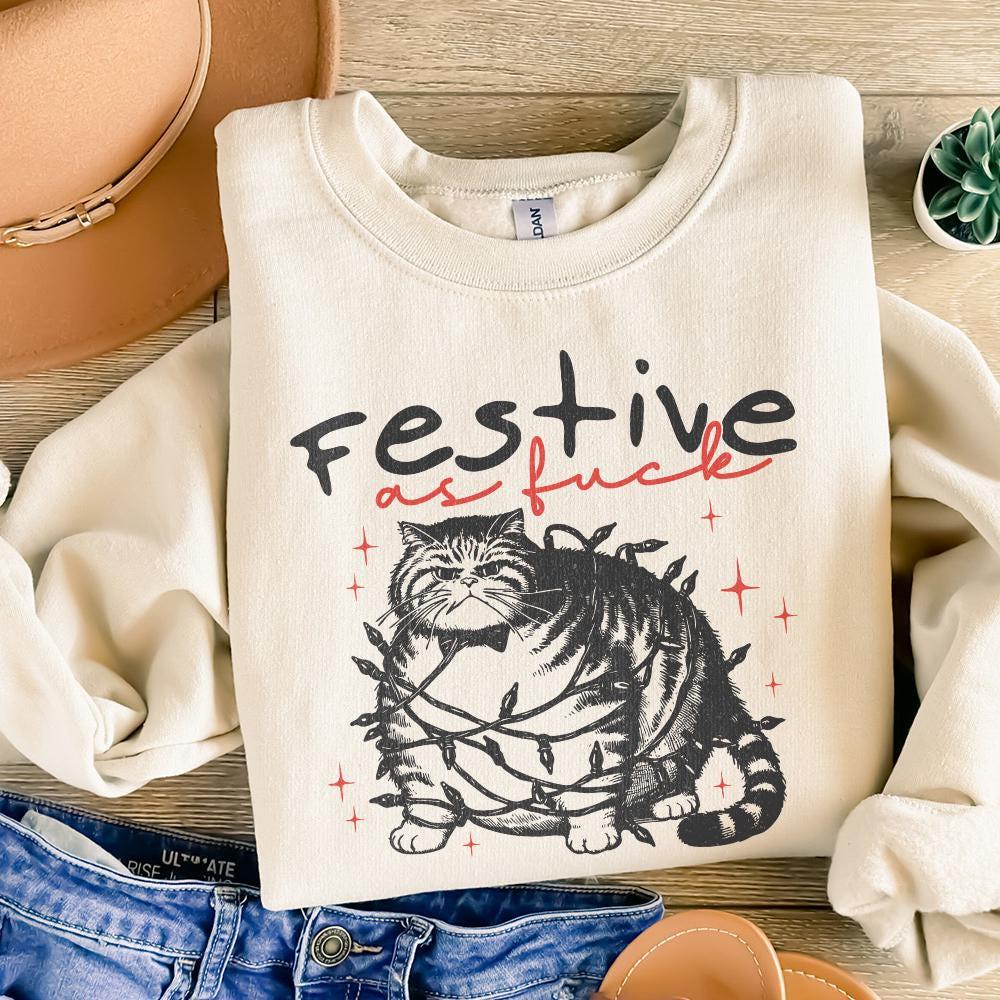 Festive as Fuck Christmas Cat PNG, Vintage Christmas Cat with Lights -