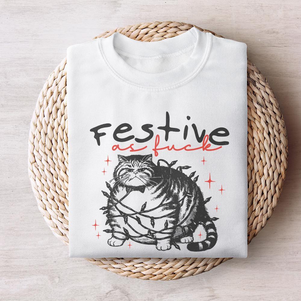 Festive as Fuck Christmas Cat PNG, Vintage Christmas Cat with Lights -