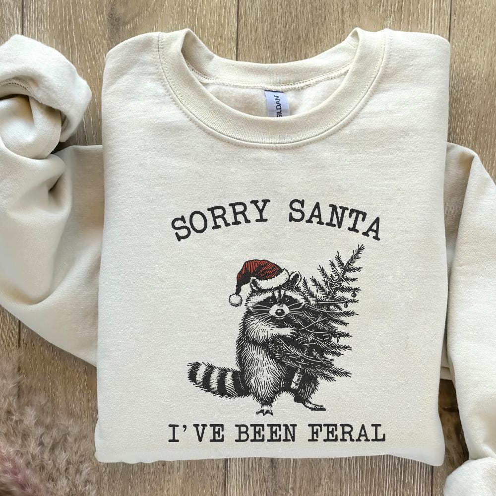Sorry Santa I've Been Feral PNG, Retro Christmas Raccoon Design - 300 DPI