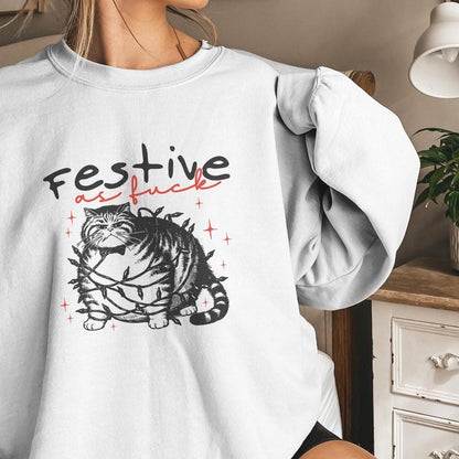 Festive as Fuck Christmas Cat PNG, Vintage Christmas Cat with Lights -