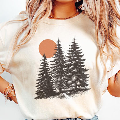 Sunrise Pine Trees PNG, Mountain Range Sun PNG - 300 DPI Design for T-Shirt