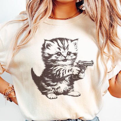 Killer Kitten PNG file for Print, Western Style Cute Cat with Guns