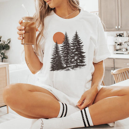 Sunrise Pine Trees PNG, Mountain Range Sun PNG - 300 DPI Design for T-Shirt