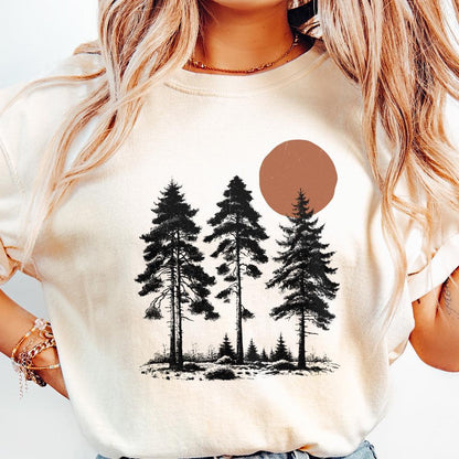 Mountain Range Sun PNG, Sunrise Pine Trees - 300 DPI Design for T-Shirt