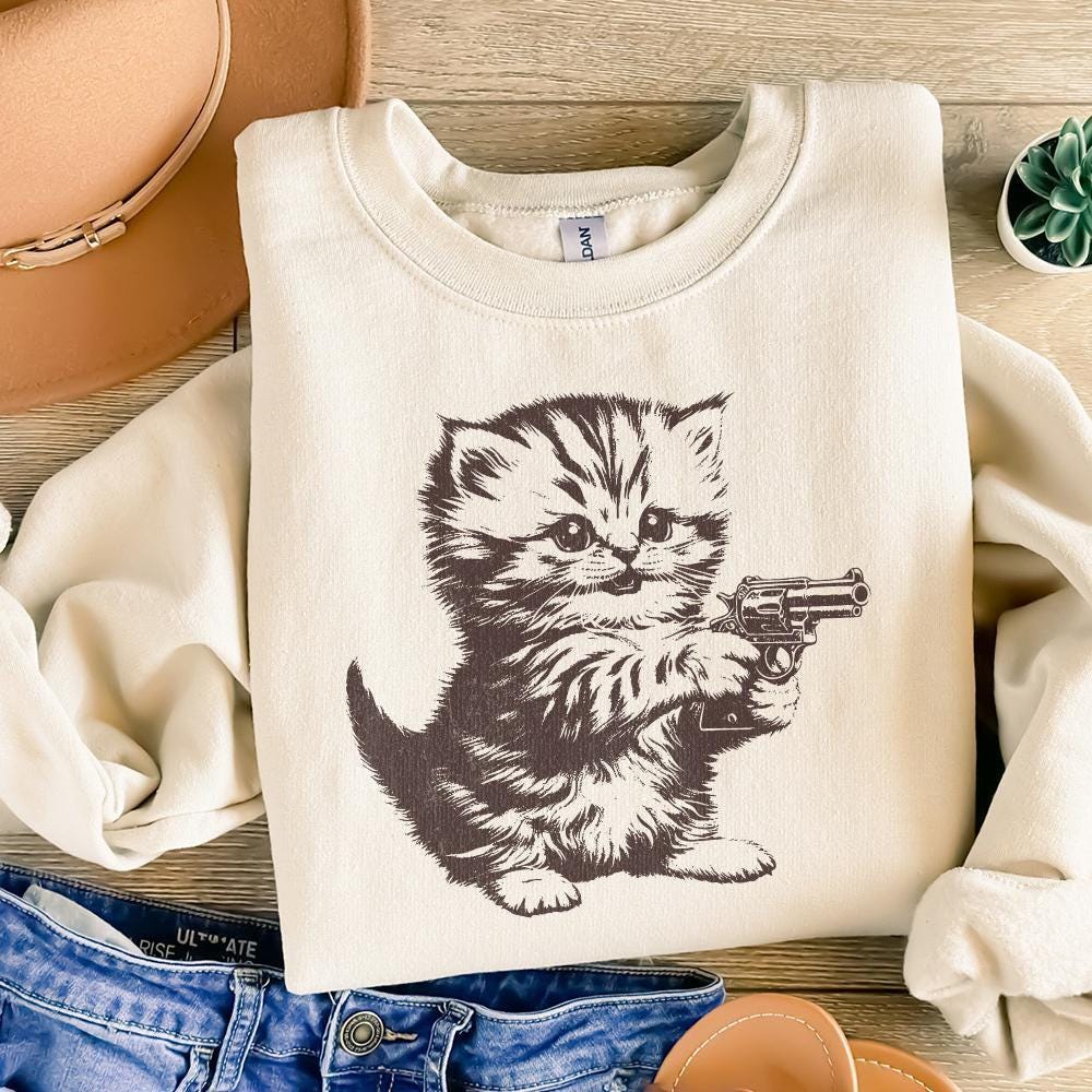 Killer Kitten PNG file for Print, Western Style Cute Cat with Guns