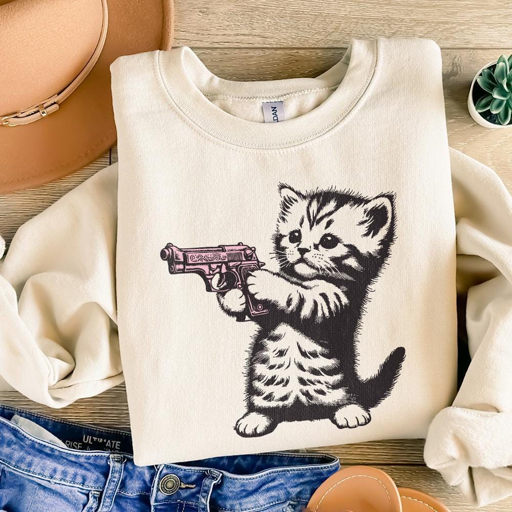 Cute Gun Cat png, Trending png Graphic - 300 DPI Design for T-Shirt
