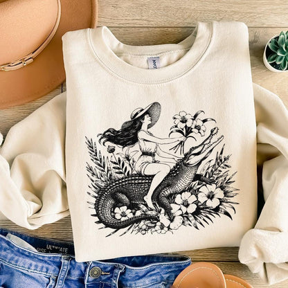 Girl Riding an Alligator PNG, Funny Sarcastic PNG - 300 DPI Design for