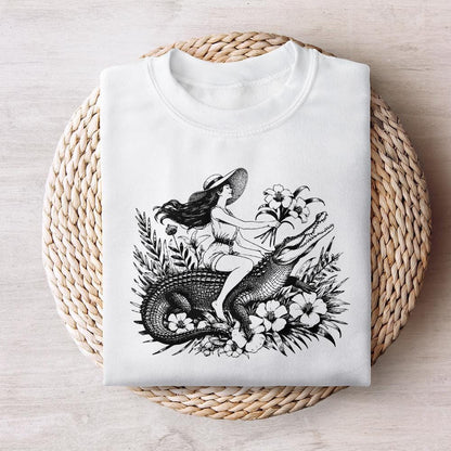 Girl Riding an Alligator PNG, Funny Sarcastic PNG - 300 DPI Design for