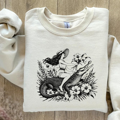 Girl Riding an Alligator PNG, Funny Sarcastic PNG - 300 DPI Design for