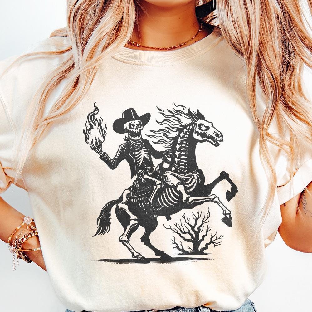 Skeleton Cowboy on Horse PNG, Western Gothic Art - 300 DPI Design for