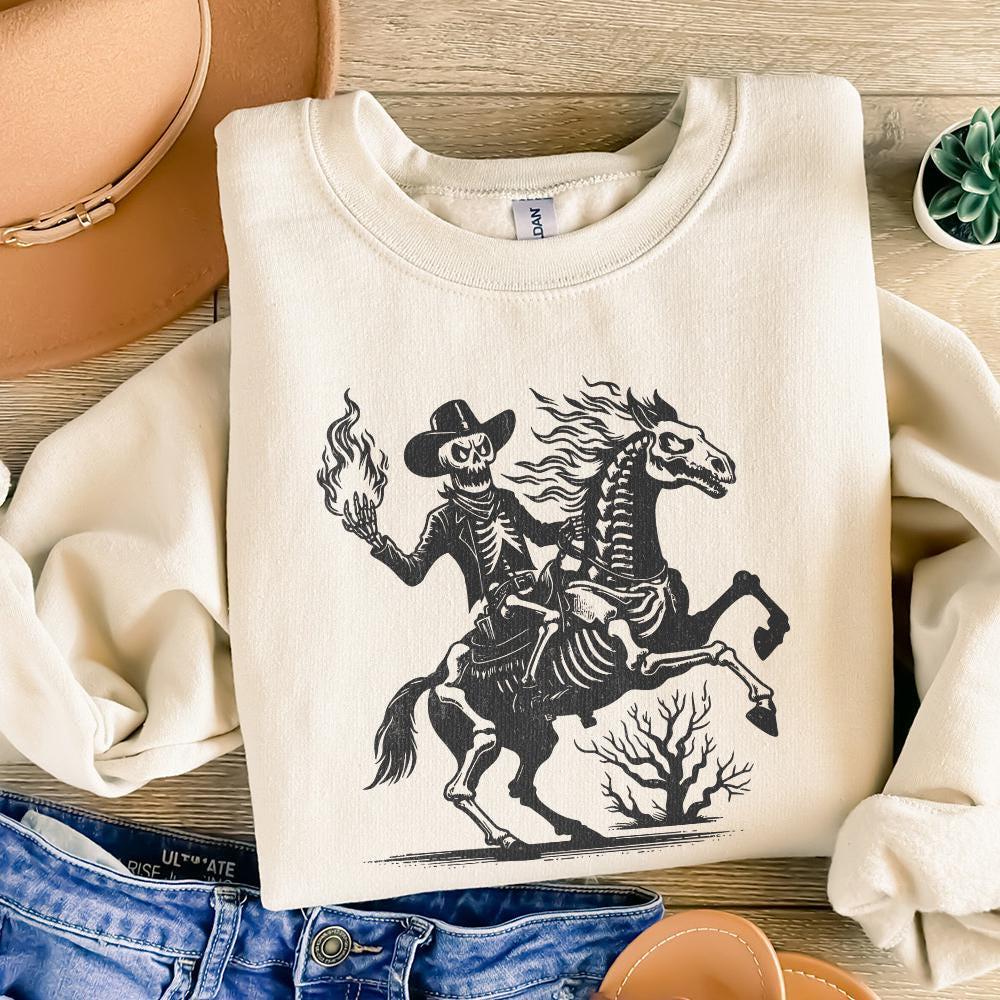 Skeleton Cowboy on Horse PNG, Western Gothic Art - 300 DPI Design for