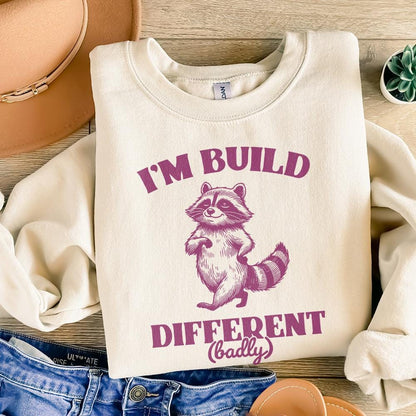 I'm Built Different PNG, Motivational and Sarcastic Raccoon Humor Quote -