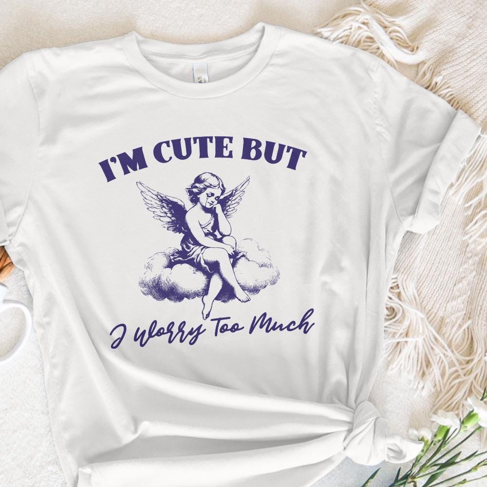 I'm Cute But I Worry Too Much PNG, Trendy Vintage Angel - 300 DPI Design