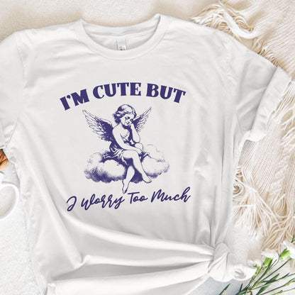 I'm Cute But I Worry Too Much PNG, Trendy Vintage Angel - 300 DPI Design
