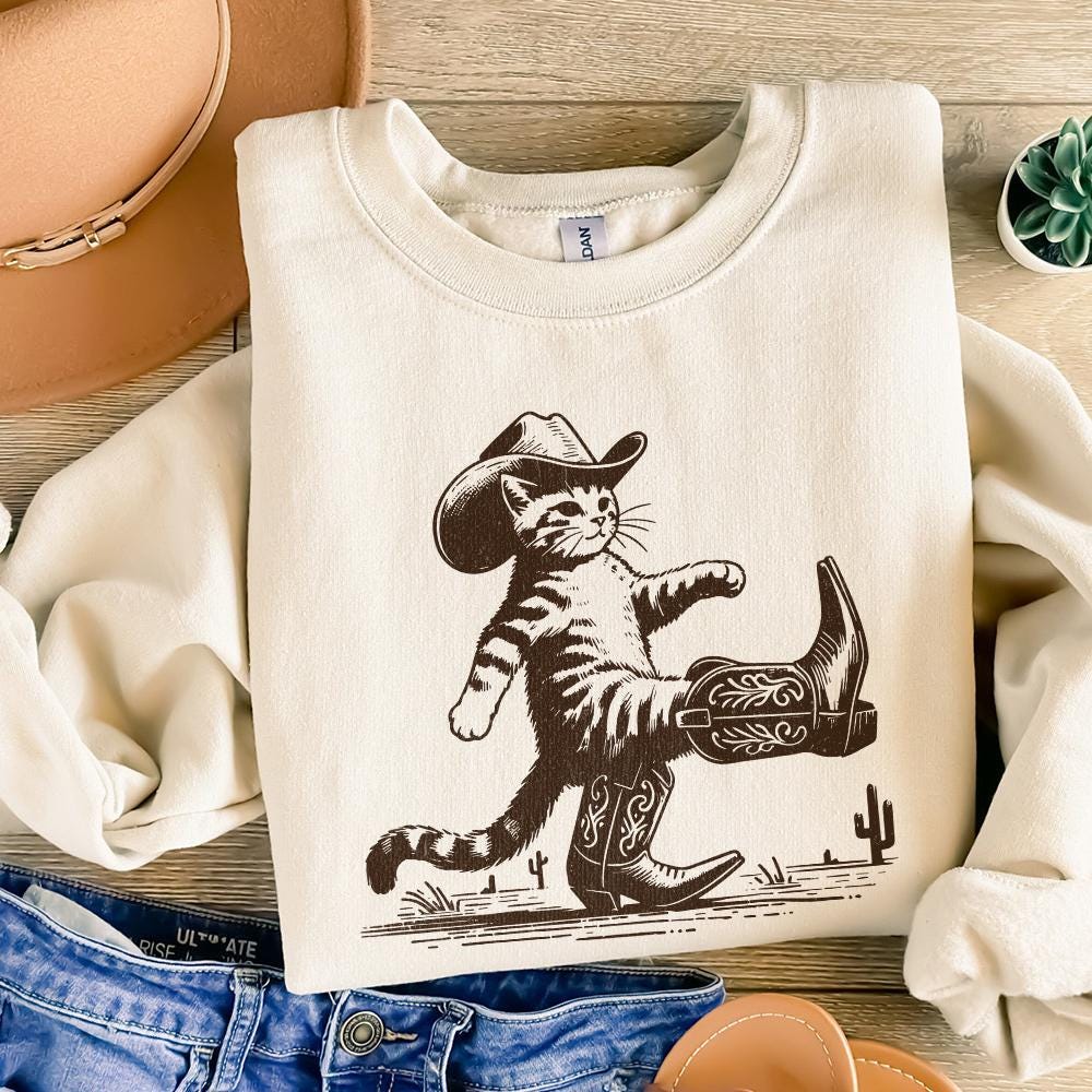 Funny Western Cowboy Cat Design, Retro Cowboy Cat Png - 300 DPI Design