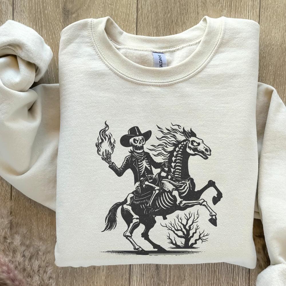 Skeleton Cowboy on Horse PNG, Western Gothic Art - 300 DPI Design for