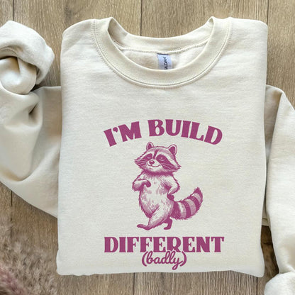 I'm Built Different PNG, Motivational and Sarcastic Raccoon Humor Quote -
