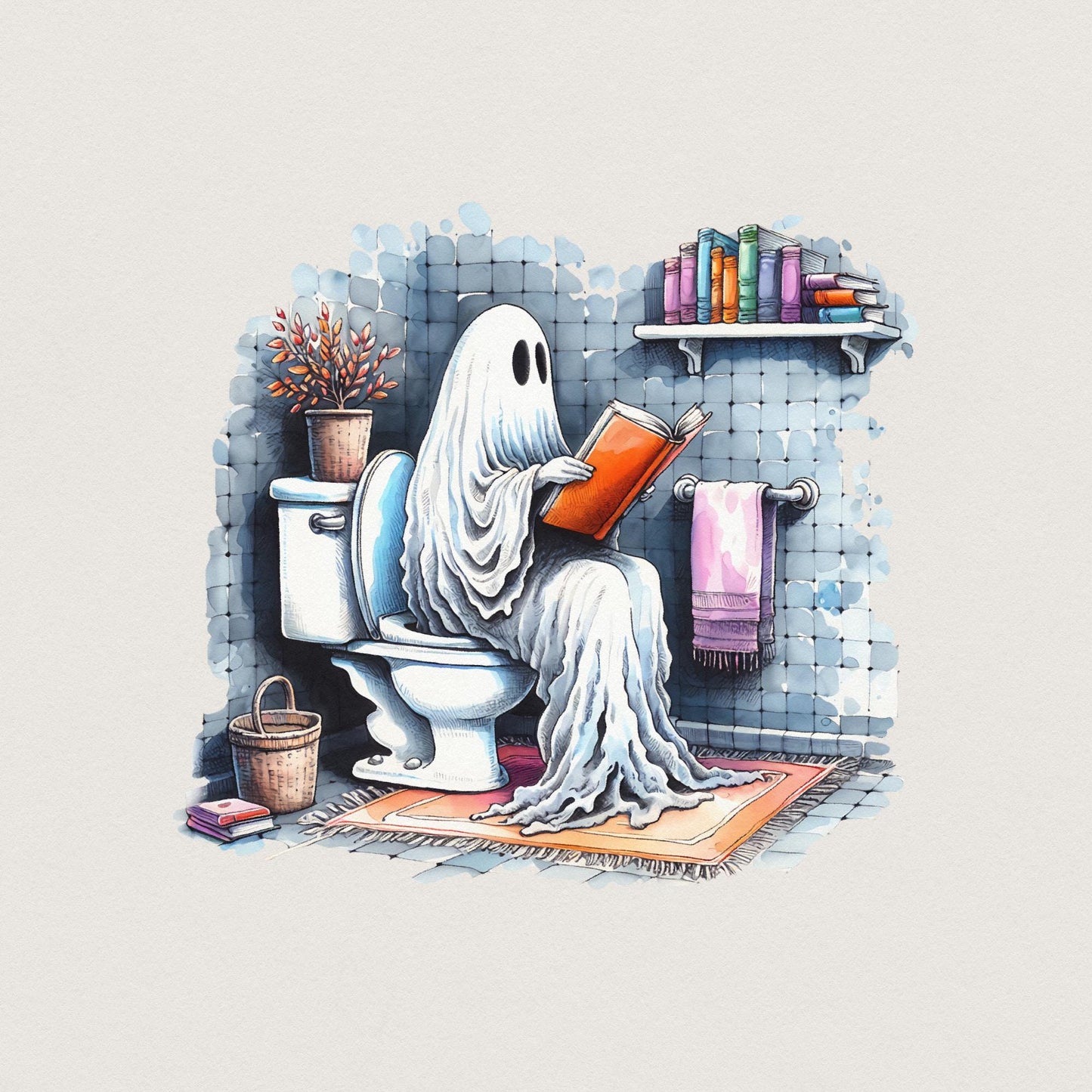 Funny Ghost Reading on Toilet T-Shirt Design, Cute Halloween Digital