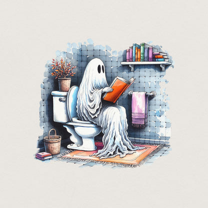 Funny Ghost Reading on Toilet T-Shirt Design, Cute Halloween Digital