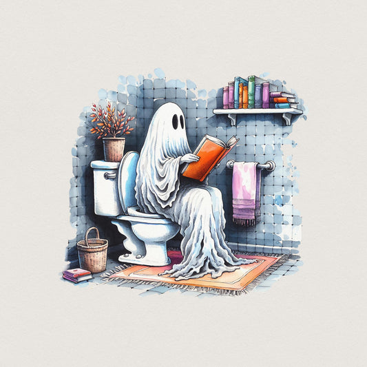 Funny Ghost Reading on Toilet T-Shirt Design, Cute Halloween Digital