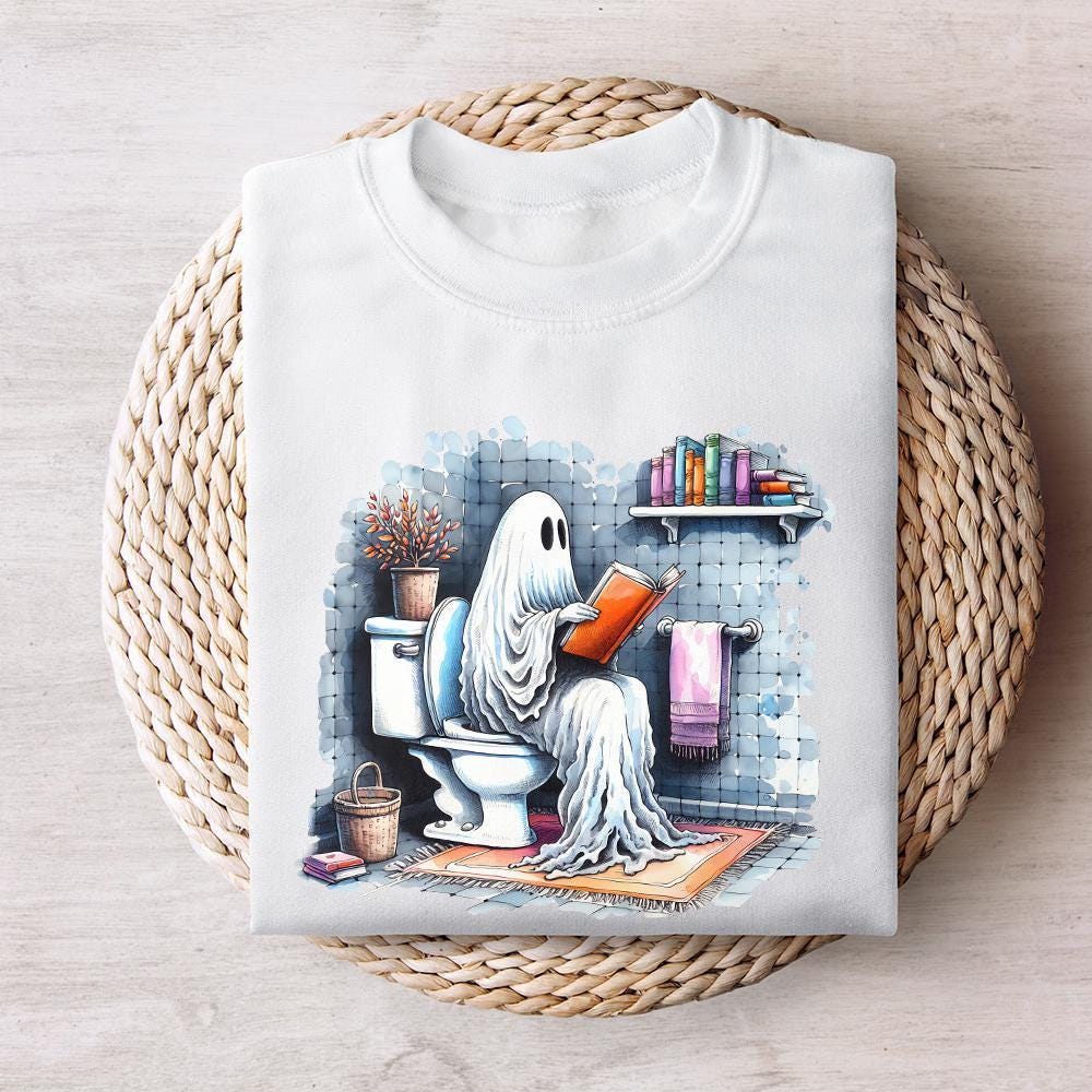Funny Ghost Reading on Toilet T-Shirt Design, Cute Halloween Digital