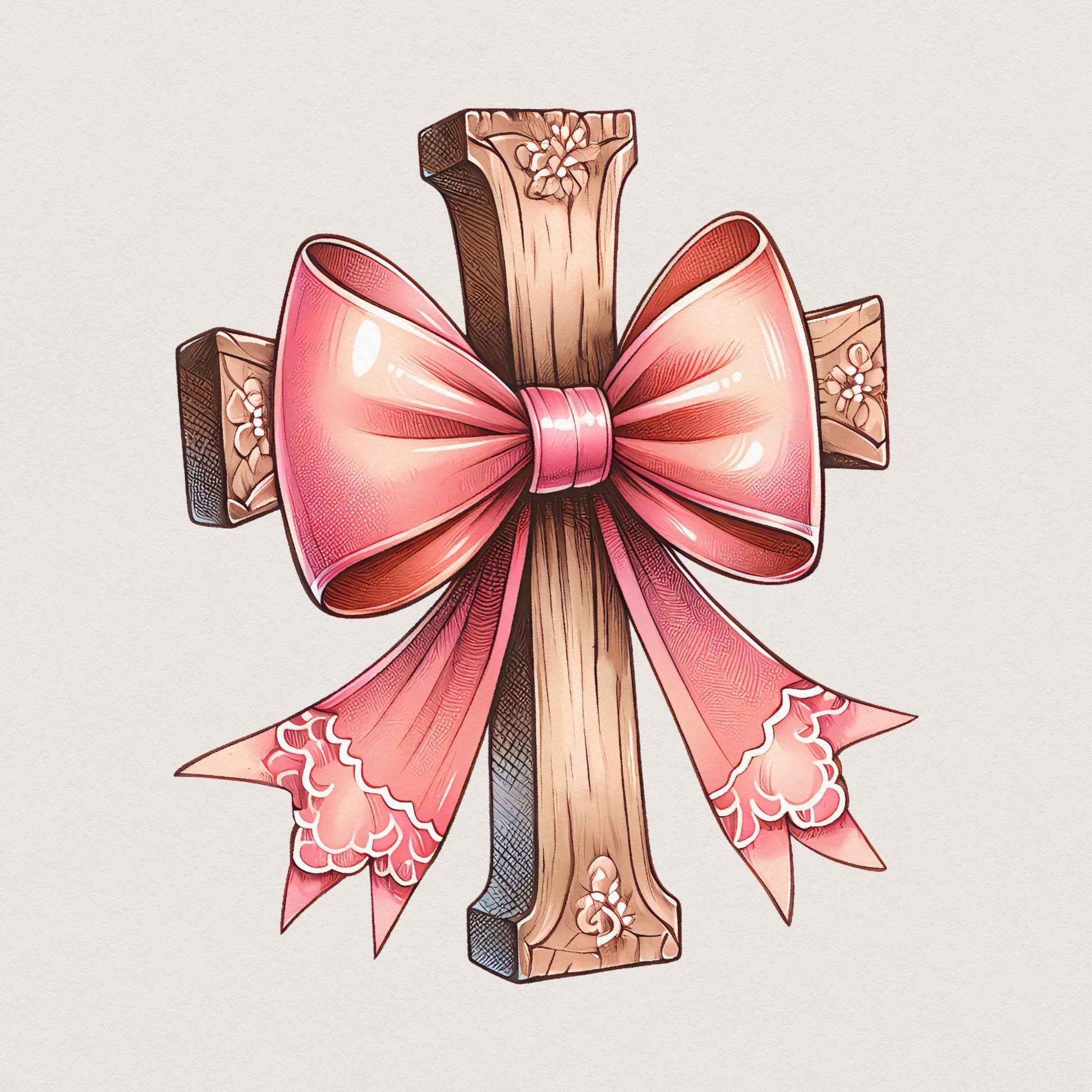 Cross with Pink Bow Png, Christian PNG Coquette - 300 DPI Design for