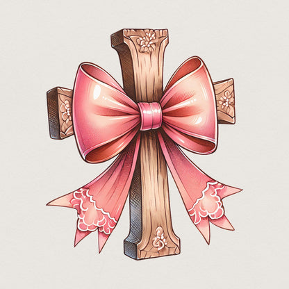 Cross with Pink Bow Png, Christian PNG Coquette - 300 DPI Design for