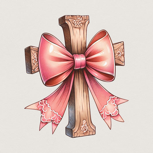 Cross with Pink Bow Png, Christian PNG Coquette - 300 DPI Design for
