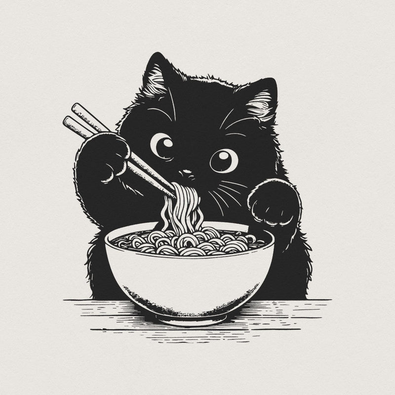 Black cat eating ramen noodles with chopsticks, woodcut style illustration with bold ink outlines for sublimation and DIY apparel projects.