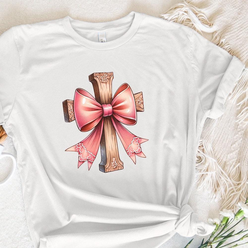 Cross with Pink Bow Png, Christian PNG Coquette - 300 DPI Design for