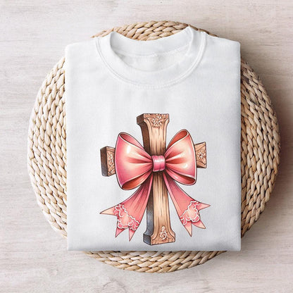 Cross with Pink Bow Png, Christian PNG Coquette - 300 DPI Design for