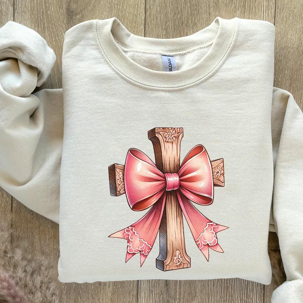 Cross with Pink Bow Png, Christian PNG Coquette - 300 DPI Design for