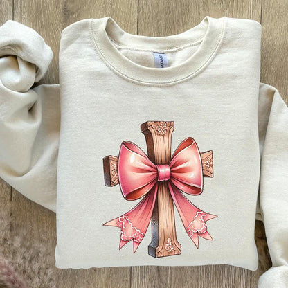 Cross with Pink Bow Png, Christian PNG Coquette - 300 DPI Design for