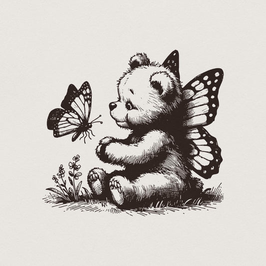 Adorable Bear with Butterfly Wings PNG, Vintage Animal Sketch - 300 DPI